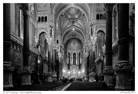 Inside Basilica Notre-Dame of Fourviere, in Romanesque and Byzantine architecture. Lyon, France (black and white)