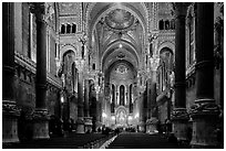 Inside Basilica Notre-Dame of Fourviere, in Romanesque and Byzantine architecture. Lyon, France (black and white)