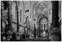 Interior of Basilica Notre-Dame of Fourviere designed by Pierre Bossan. Lyon, France (black and white)