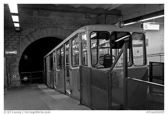 Funiculaire of  Notre-Dame of Fourviere hill, upper station. Lyon, France (black and white)