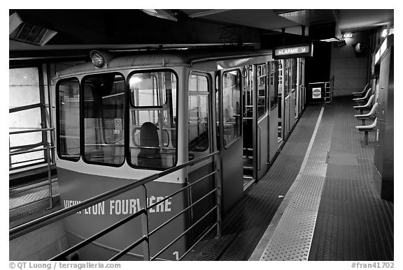 Vieux Lyon Fourviere  Funiculaire, lower station. Lyon, France (black and white)