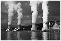 Nuclear power plant reflected in Rhone River. Provence, France ( black and white)