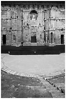 Seats, orchestra, stage, stage wall, Roman theatre, Orange. Provence, France (black and white)