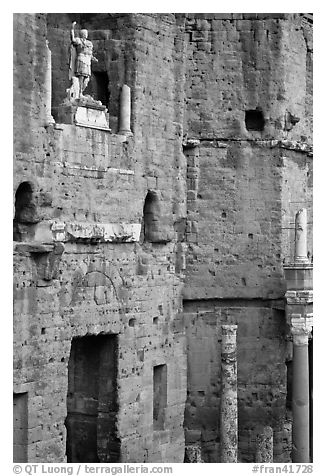 Detail of the stage wall of the Roman theatre, Orange. Provence, France (black and white)