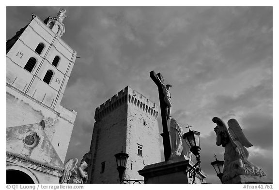 Towers and statues at sunset. Avignon, Provence, France (black and white)