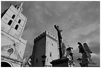 Towers and statues at sunset. Avignon, Provence, France (black and white)