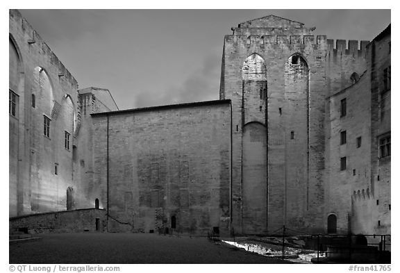 Honnor Courtyard at dusk, Papal Palace. Avignon, Provence, France (black and white)
