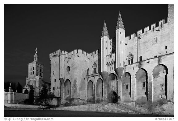 Palace of the Popes and Cathedral at night. Avignon, Provence, France