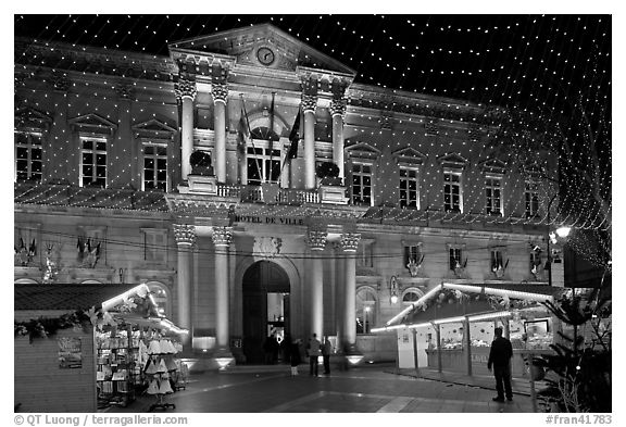 City Hall with Christmas Lights. Avignon, Provence, France (black and white)