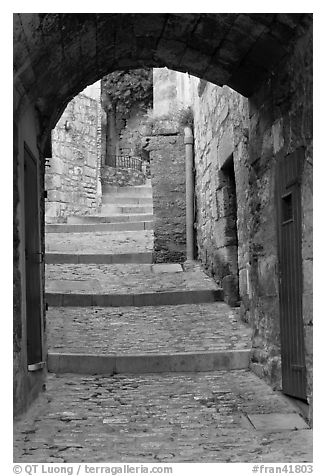 Arch and paved stairs, Les Baux-de-Provence. Provence, France (black and white)