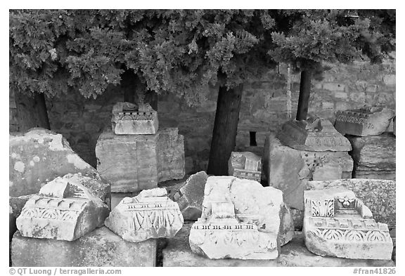 Ruined blocks of the antique theater. Arles, Provence, France (black and white)