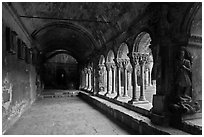 Romanesque gallery with delicately sculptured columns, St Trophimus cloister. Arles, Provence, France (black and white)