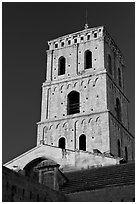 Bell tower in provencal romanesque style. Arles, Provence, France ( black and white)