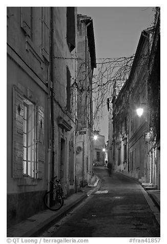 Narrow street at night. Arles, Provence, France (black and white)