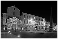 Place de la Republique and Eglise Saint Trophime at night. Arles, Provence, France (black and white)