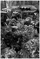 Vegetable stall, open-air market. Aix-en-Provence, France (black and white)