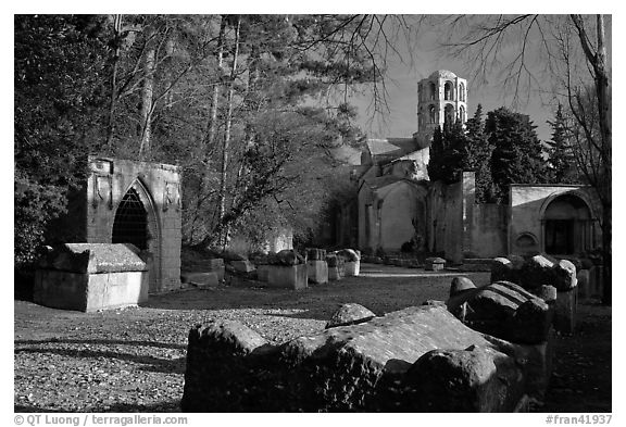 Tombs, mausoleums, and church, Alyscamps. Arles, Provence, France (black and white)