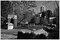 Tombs, mausoleums, and church, Alyscamps. Arles, Provence, France (black and white)