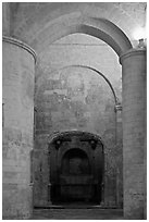 Columns inside romaneque St Honoratus church, Alyscamps. Arles, Provence, France (black and white)