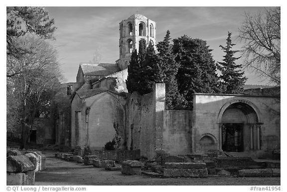 Medieval Church of Saint Honoratus in Les Alyscamps. Arles, Provence, France (black and white)