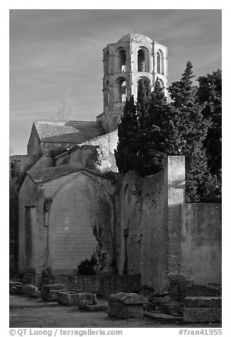 Romanesque Church of Saint Honoratus, Alyscamps. Arles, Provence, France (black and white)