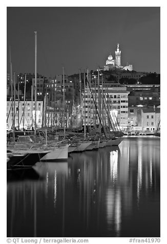 Old Harbor and Basilica Notre Dame de la Garde. Marseille, France (black and white)