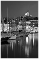 Old Harbor and Basilica Notre Dame de la Garde. Marseille, France (black and white)