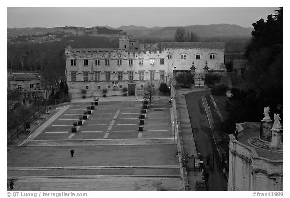 Petit Palais and plazza seen from Papal Palace. Avignon, Provence, France (black and white)