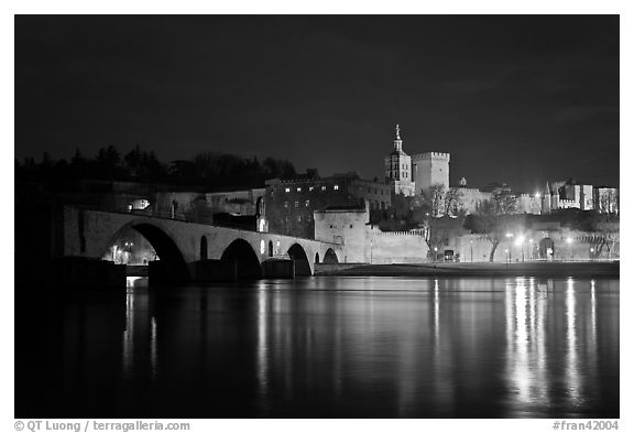 Avignon skyline at night with Papal Palace, Episcopal Ensemble and Avignon Bridge. Avignon, Provence, France (black and white)