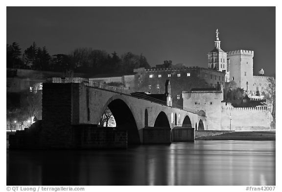 St Benezet Bridge and Palace of the Popes at night. Avignon, Provence, France (black and white)