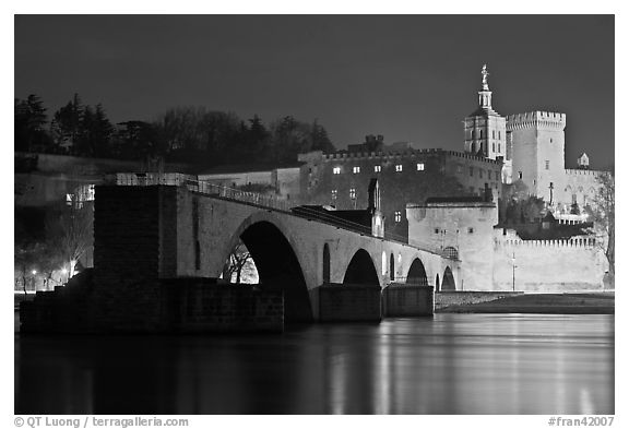 St Benezet Bridge and Palace of the Popes at night. Avignon, Provence, France