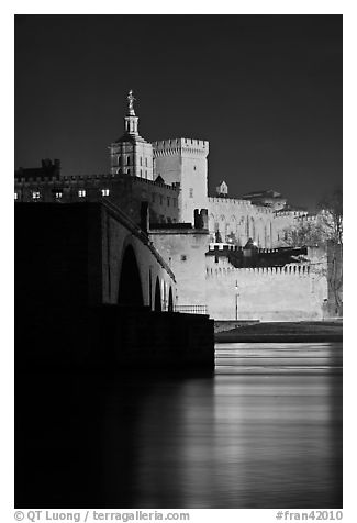 Rhone River, St Benezet Bridge and Palais des Papes at night. Avignon, Provence, France (black and white)