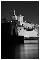 Rhone River, St Benezet Bridge and Palais des Papes at night. Avignon, Provence, France (black and white)