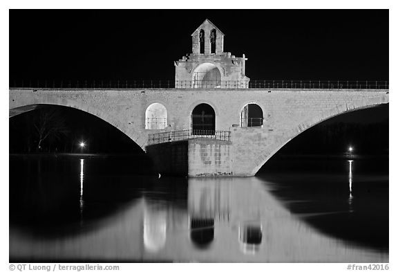 St Benezet Bridge with chapel of St Benezet at night. Avignon, Provence, France (black and white)