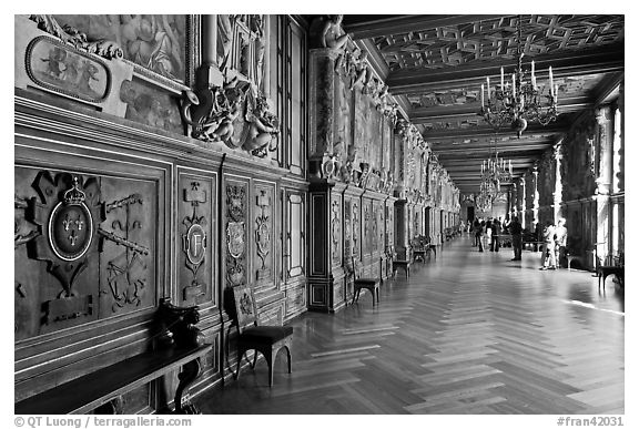 Francois 1er gallery, Chateau de Fontainebleau. France (black and white)