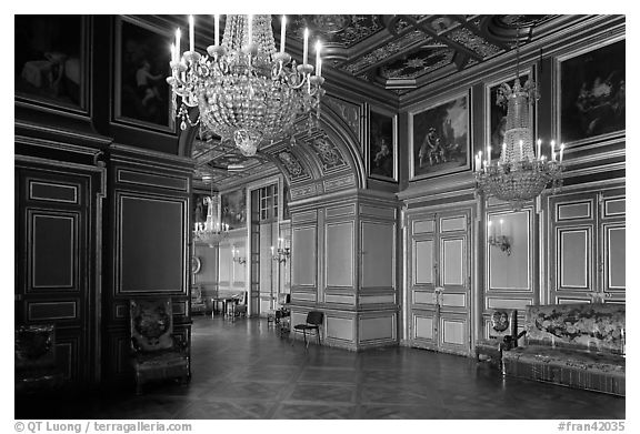 Entrance of the Louis 13 room, Fontainebleau Palace. France (black and white)