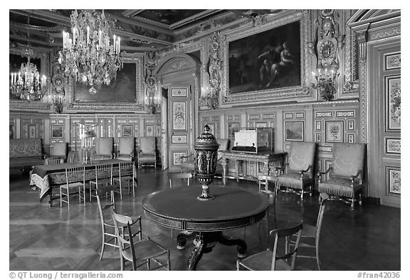 Salon Louis XVIII, Chateau de Fontainebleau. France (black and white)