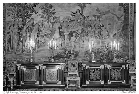 Furniture, lights, and tapestry, Chateau de Fontainebleau. France