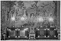 Furniture, lights, and tapestry, Chateau de Fontainebleau. France (black and white)