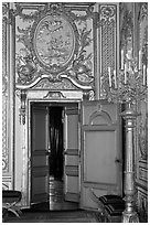 Fontainebleau Palace interior with richly decorated walls. France (black and white)