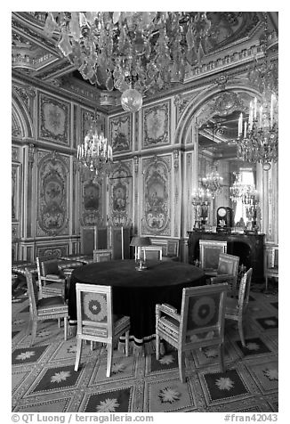 Room with meeting table inside Chateau de Fontainebleau. France (black and white)