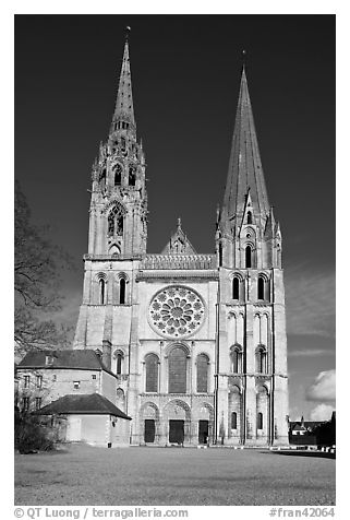 Flamboyant and pyramidal spires, Chartres Cathedral. France (black and white)