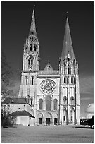 Flamboyant and pyramidal spires, Chartres Cathedral. France (black and white)