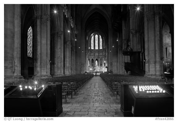 Candles and nave inside Cathedrale Notre-Dame de Chartres. France (black and white)