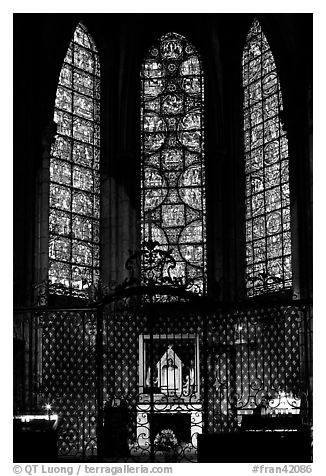 Chapel and stained glass windows, Chartres Cathedral. France (black and white)