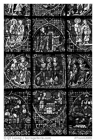 Detail of stained glass window, Chartres Cathedral. France (black and white)