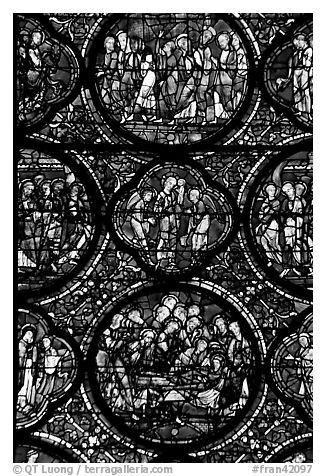 Stained glass window motif, Cathedral of Our Lady of Chartres. France (black and white)