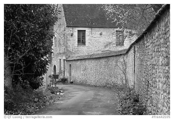 Street and stone wall, Provins. France (black and white)