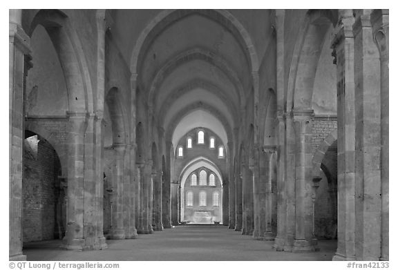 Church nave, Fontenay Abbey. Burgundy, France (black and white)
