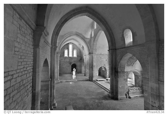 Church transept, Cistercian Abbey of Fontenay. Burgundy, France (black and white)